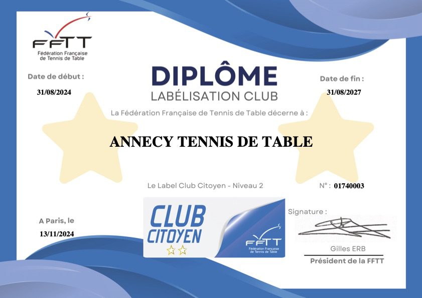 Diplôme FFTT (2) Diplôme FFTT Label Club Citoyen niveau 2 décerné à Annecy Tennis de Table