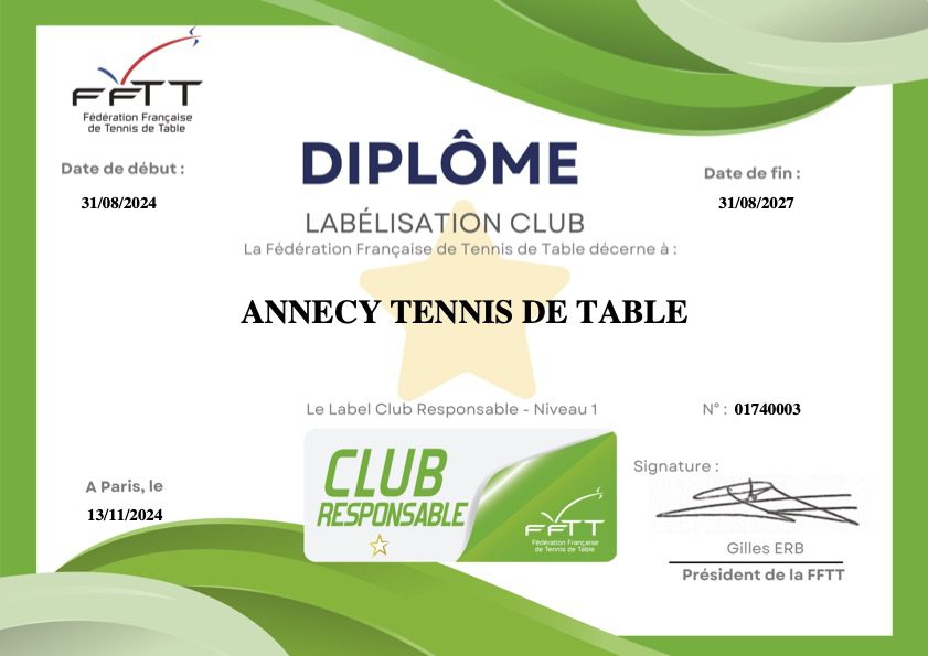 Diplôme FFTT (4) Diplôme FFTT Label Club Responsable niveau 1 décerné à Annecy Tennis de Table